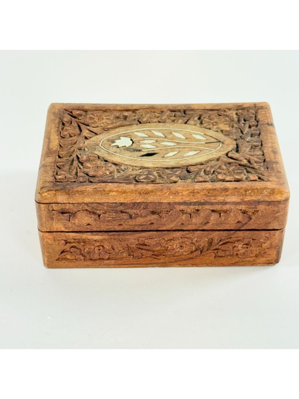 Inlaid Wood Carved Vintage Wooden Trinket Jewelry Box Ornate  Hinged Lid